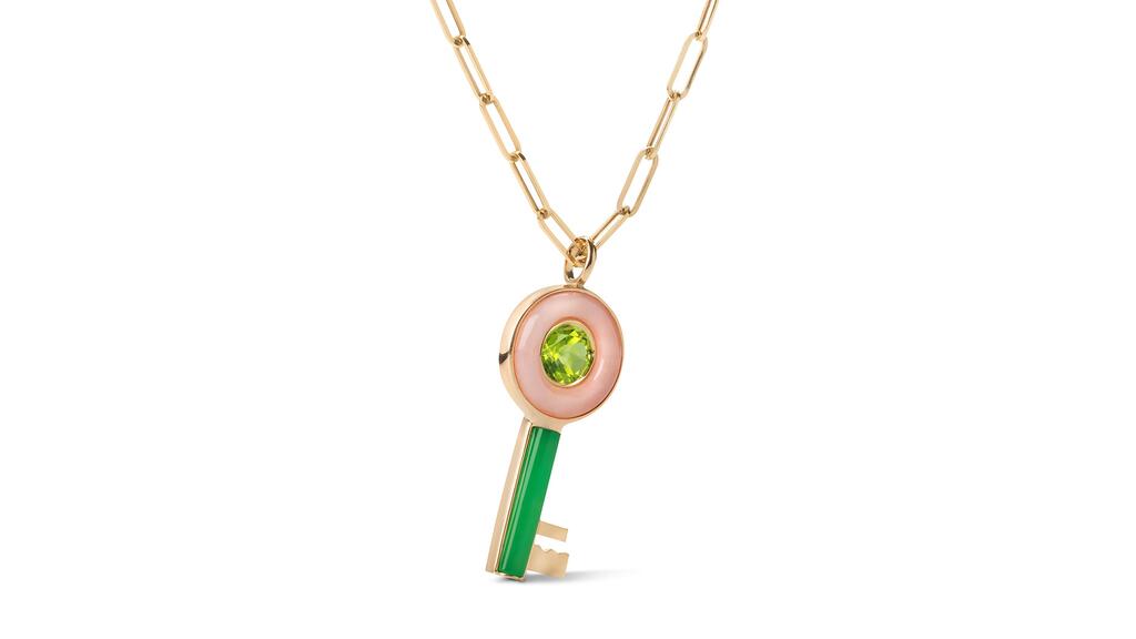 Sophie Joanne’s “Bubble Key” necklace in 14-karat gold with pink opal, chrysoprase and peridot ($5,400) Bubble Key Necklace